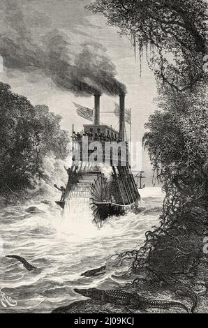 Le passage d'Angostura, bateau Simon-Bolivar naviguant sur la Magdalena, Colombie. Amérique du Sud. Vieux 19th siècle illustration gravée de Journey to Colombia par Edward François Andre, le Tour du monde 1877 Banque D'Images