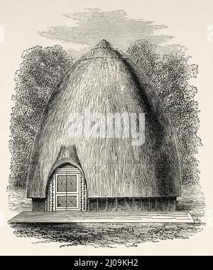 Résidence du chef de Kifouma, Afrique centrale. Vieux 19th siècle illustration gravée de Voyage de Zanzibar à Benguela par Verney Lovett Cameron, le Tour du monde 1877 Banque D'Images