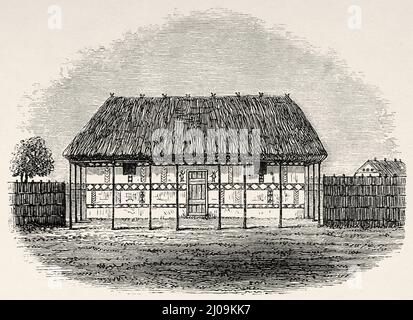 Maison d'habitation traditionnelle des tribus à Kasongo, République démocratique du Congo, Afrique centrale. Vieux 19th siècle illustration gravée de Voyage de Zanzibar à Benguela par Verney Lovett Cameron, le Tour du monde 1877 Banque D'Images