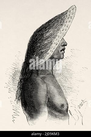 Adresse décorée de cheveux traditionnels de la tribu de Lovale, en Afrique centrale. Vieux 19th siècle illustration gravée de Voyage de Zanzibar à Benguela par Verney Lovett Cameron, le Tour du monde 1877 Banque D'Images