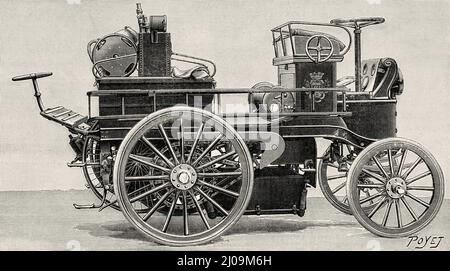 Camionnette électrique des pompiers de Paris. Ancienne illustration gravée du 19th siècle de la nature 1899 Banque D'Images