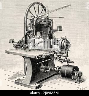 Scie à ruban Fay et Egan avec alimentation automatique. Ancienne illustration gravée du 19th siècle de la nature 1899 Banque D'Images