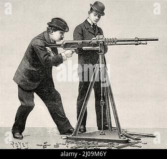 Pistolet automatique Hotchkiss. Ancienne illustration gravée du 19th siècle de la nature 1899 Banque D'Images