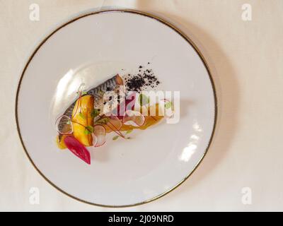 Vue de dessus de poisson grillé au bar avec pomme de terre, poudre d'olive, radis, oignons rouges et chutney de citron Banque D'Images