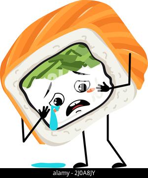 Sushi caractère avec pleurs et larmes émotion, visage triste, yeux dépressifs. Personne avec expression mélancolique, émoticône alimentaire asiatique. Illustration vectorielle plate Illustration de Vecteur