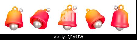 icône en forme de cloche 3d isolée sur fond blanc. 5 icônes de notification de cloche réalistes d'angle différents pour le site web ou l'application mobile. 3d rendu. Banque D'Images