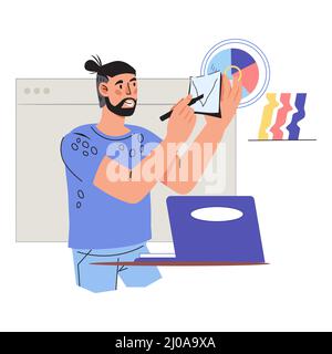 Personne d'affaires travaillant avec des données et des graphiques d'entreprise. Concept de travail en ligne, d'analyse, de gestion et de multitâche, illustration vectorielle plate de dessin animé i Illustration de Vecteur