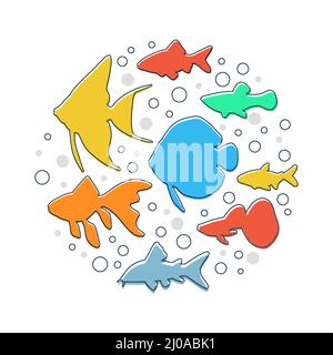 Poissons d'aquarium Minimalitic dans Circle.Design élément,illustration vectorielle plate Illustration de Vecteur