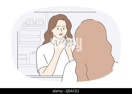 Malheureux jeune fille regard dans le miroir de salle de bains stressé avec bouton sur le visage. Bouleversé la jeune femme en difficulté a frappé avec l'acné ou la tête noire. Soin de la peau et soin du visage. Illustration vectorielle. Illustration de Vecteur