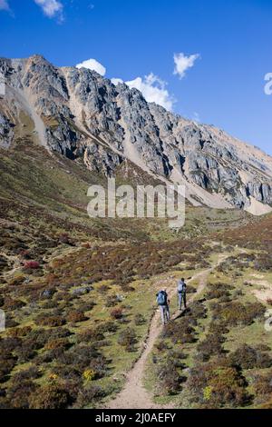 Deux randonneurs marchent sur le sentier de montagne avec des sacs à dos par temps ensoleillé Banque D'Images