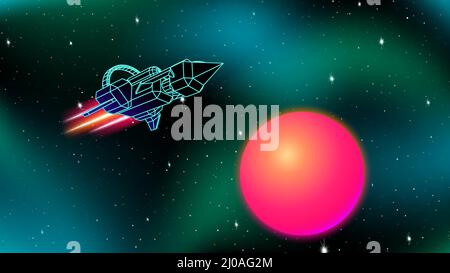 Vaisseau spatial près de l'illustration de science-fiction rétro du soleil rouge. 80s univers stylisé avec nébuleuse et engin spatial filaire d'arcade Illustration de Vecteur