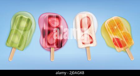 Crème glacée aux fruits fondus popsicles réaliste avec quatre isolé images de l'illustration du vecteur de glace sur bâton Illustration de Vecteur