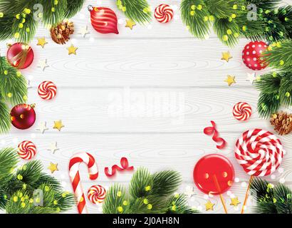Arrière-plan réaliste de table en bois encadré de branches de sapin bonbons et décorations de noël illustration vectorielle Illustration de Vecteur