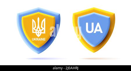 Icône de bouclier pour armes d'Ukraine, bouclier et trident en emblèmes numériques isolés jaune et bleu Illustration de Vecteur