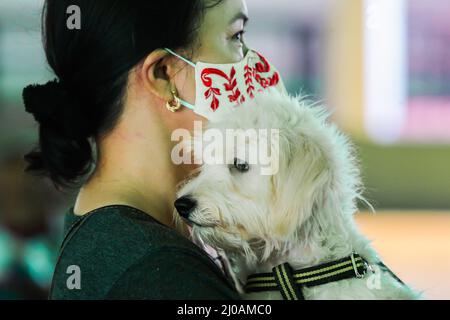 Ville de Quezon. 18th mars 2022. Le 18 mars 2022, une femme transporte son chien pendant une vaccination gratuite contre la rage pour les animaux de compagnie à Quezon City, aux Philippines. Crédit: Rouelle Umali/Xinhua/Alamy Live News Banque D'Images