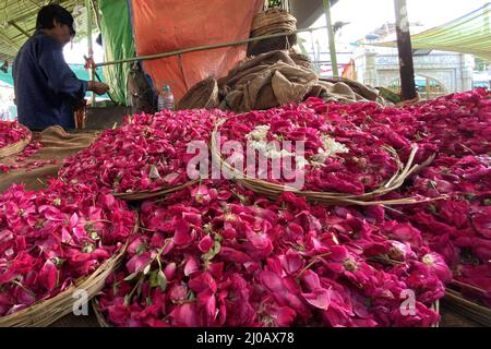 Un dévot musulman se trouve à côté d'un stand vendant des pétales de fleurs au sanctuaire de Soufi saint Khwaja Moinuddin Chishti à Ajmer, Rajasthan, Inde, le 14 août 2021. Photo par ABACAPRESS.COM Banque D'Images