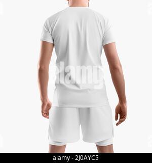 Maquette de sport blanche, short ample avec ligne de compression sous-pantalon, t-shirt sur homme, isolé sur fond. Modèle de combinaison pour l'entraînement, la course à pied, Banque D'Images