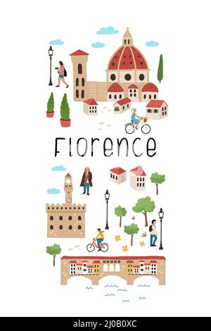 Belle carte dessinée à la main de Florence, Italie. Vues illustrées et décoration mignonne. Idéal pour les textiles, les cartes, les guides touristiques, les souvenirs - conception vectorielle Banque D'Images