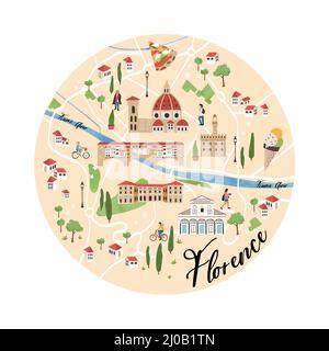 Belle carte dessinée à la main de Florence, Italie. Vues illustrées et décoration mignonne. Idéal pour les textiles, les cartes, les guides touristiques, les souvenirs - conception vectorielle Illustration de Vecteur