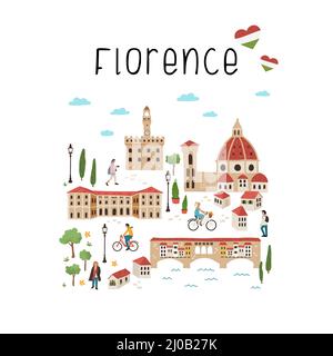 Belle carte dessinée à la main de Florence, Italie. Vues illustrées et décoration mignonne. Idéal pour les textiles, les cartes, les guides touristiques, les souvenirs - conception vectorielle Illustration de Vecteur