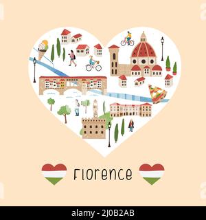 Belle carte dessinée à la main de Florence, Italie. Vues illustrées et décoration mignonne. Idéal pour les textiles, les cartes, les guides touristiques, les souvenirs - conception vectorielle Illustration de Vecteur