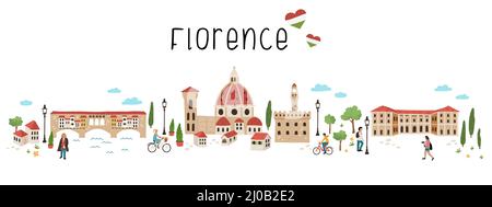 Belle carte dessinée à la main de Florence, Italie. Vues illustrées et décoration mignonne. Idéal pour les textiles, les cartes, les guides touristiques, les souvenirs - conception vectorielle Illustration de Vecteur