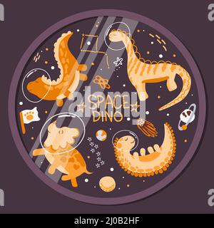 Les dinosaures-astronautes mignons dans le hublot. Vecteur de style dessin animé. Dinosaures dans l'espace. Planètes, comètes, astéroïdes et étoiles autour sur fond sombre Illustration de Vecteur