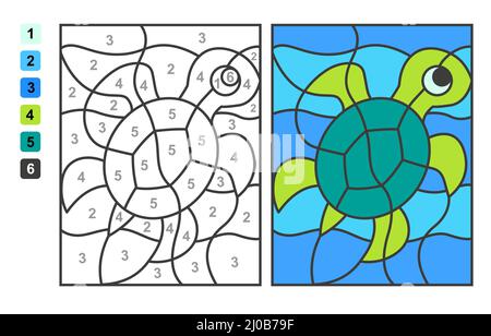 Couleur par nombres la vie de la mer et de l'océan. Jeu de puzzle pour l'éducation des enfants, couleurs pour le dessin et l'apprentissage des mathématiques Illustration de Vecteur