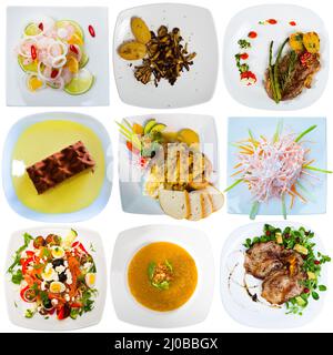 Collage de divers aliments pour le petit-déjeuner et le dîner sur fond blanc Banque D'Images