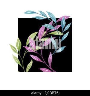Cadre tropical dans le style aquarelle. Cadre tropical aux couleurs vives avec feuilles bleues, vertes, violettes pour carte postale, web design, onvitation de mariage. Banque D'Images