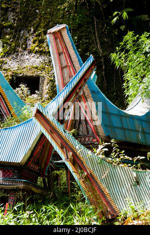 Très uniques et chaotique de maisons traditionnelles sur Tana Toraja de Sulawesi Banque D'Images