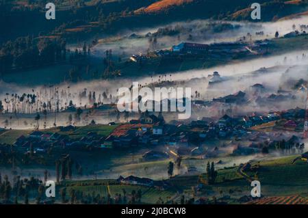 Le brouillard et la bruine fine entourant un village Banque D'Images