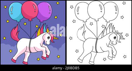 UNICORN flottant avec la page de coloriage des bulles Illustration de Vecteur