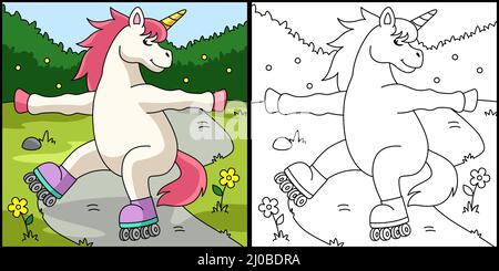 Page de coloriage du patinage à roulettes UNICORN Illustration de Vecteur