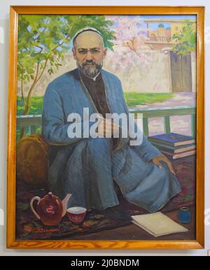 Un portrait, photo du célèbre écrivain ouzbek Xayrulloh XO'Qandiy. Peinture de l'artiste H Rahmanov. Au Musée national de Literatur Alisher Navoi Banque D'Images