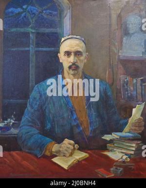 Un portrait, photo du célèbre écrivain ouzbek, Hamza Hakimzoda Niyoziy. Peinture de l'artiste Kuziboev. Au musée national de Literat d'Alisher Navoi Banque D'Images