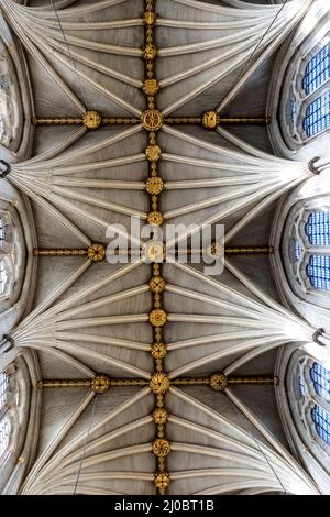 Angleterre, Londres, Abbaye de Westminster, le Nave, détail du motif du plafond voûté du Fan Banque D'Images