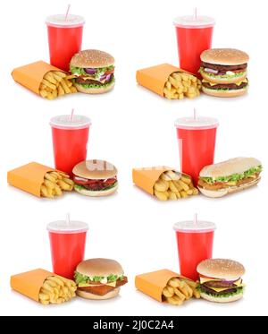 Hamburger collection collage menu cheeseburger avec boissons frites exemptées Banque D'Images