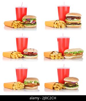 Hamburger collection collage menu cheeseburger avec frites boisson fast food exempté Banque D'Images