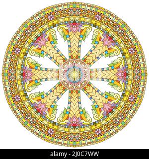 Dharma Wheel, Dharmachakra. Symbole des enseignements de Bouddha sur le chemin de l'illumination, la libération du karmique. Illustration de Vecteur