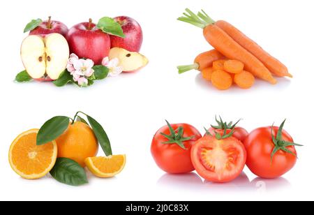 Fruits et légumes cueillette de fruits pommes, oranges carottes tomates assiette gratuite Banque D'Images