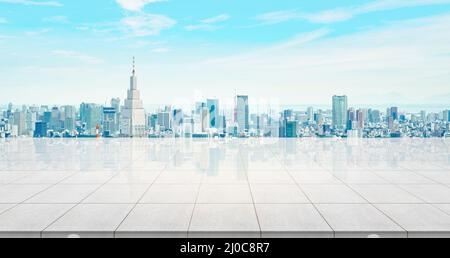 Business concept - plancher vide en béton avec vue panoramique moderne et panoramique sur la ville bâtiment oiseau oeil vue aérienne sous le lever du soleil et la morne Banque D'Images