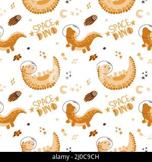 Dessin sans couture de jolis astronautes de dinosaures. Vecteur de style dessin animé. Astronaute de dinosaures avec des planètes, des comètes, des astéroïdes et des étoiles autour de l'ba blanche Illustration de Vecteur