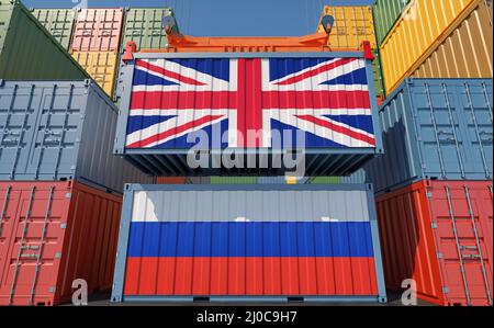 Conteneurs de marchandises avec drapeaux nationaux du Royaume-Uni et de la Russie. 3D rendu Banque D'Images