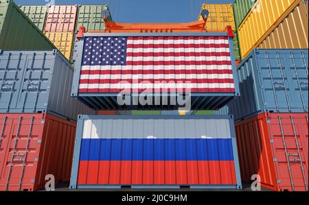 Conteneurs de marchandises avec drapeaux nationaux des États-Unis et de la Russie. 3D rendu Banque D'Images