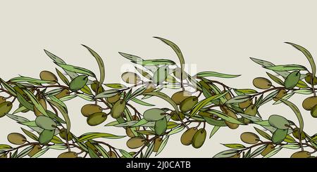 Olives dessin à la main vector frontière sans couture, fond sans fin avec des fruits d'olive, des branches, et des feuilles, dessin à la main style vector illustration isol Illustration de Vecteur