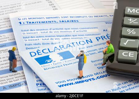 Three small figurines looking at a French pre-filled income tax return with the page about income from salaries, treatments, pensions and annuities Banque D'Images