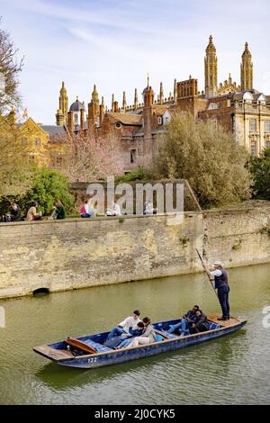 Cambridge punting; Punt on the River Cam et Cambridge étudiants assis sur le mur de Trinity Hall College, Spring Cambridge University, Cambridge UK Banque D'Images