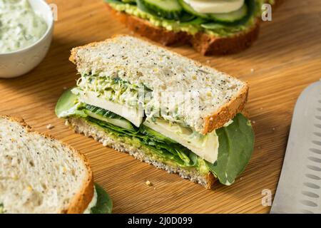 Sandwich maison à la Déesse verte saine avec avocat Mozarella et concombres Banque D'Images