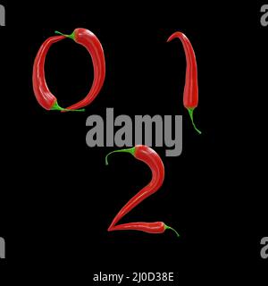 3d rendu des lettres majuscules du piment rouge - chiffres 0-2 Banque D'Images